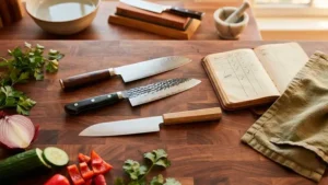 3 cuchillos santoku sobre una tala de madera con una libreta a modo de lista de ventajas