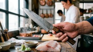 Cuchillo Deba en manos de un chef en una cocina