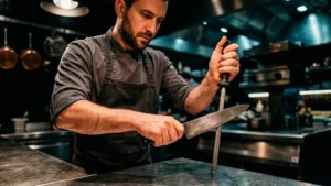 Chef usando una chaira para afilar un cuchillo de chef