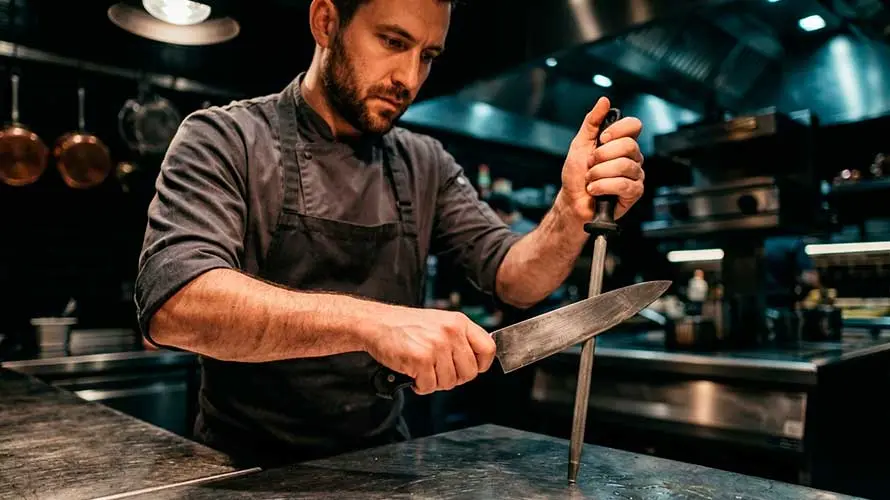 Chef usando una chaira para afilar un cuchillo de chef