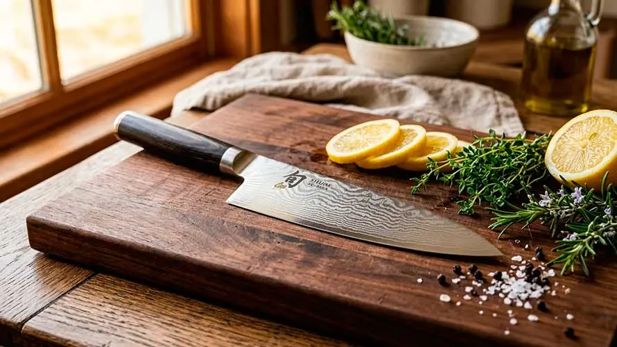 Cuchillo de acero VG-MAX sobre tabla de madera