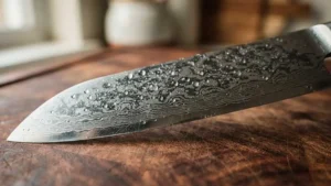 Plano cercano de un cuchillo santoku con acero de damasco