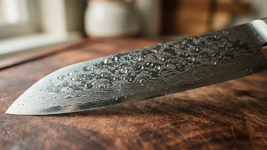 Plano cercano de un cuchillo santoku con acero de damasco