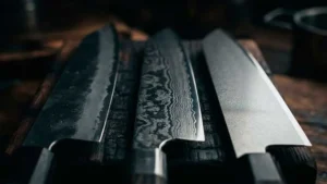 Cuchillos con diferentes tipos de acero sobre una tabla de corte