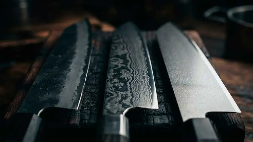 Cuchillos con diferentes tipos de acero sobre una tabla de corte