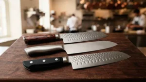 3 cuchillos Santoku sobre una tabla de madera