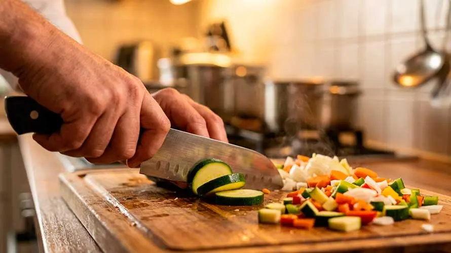 Chef usando un cuchillo santoku para cortar verduras en una cocina