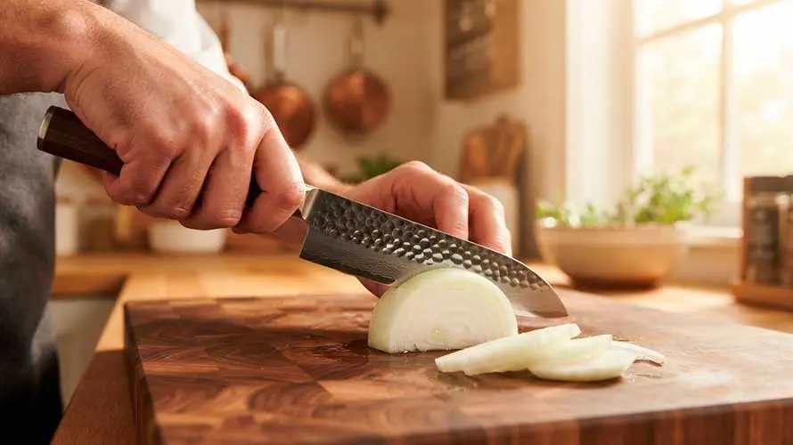 Chef cortando una cebolla con un cuchillo santoku sobre una tabla de madera