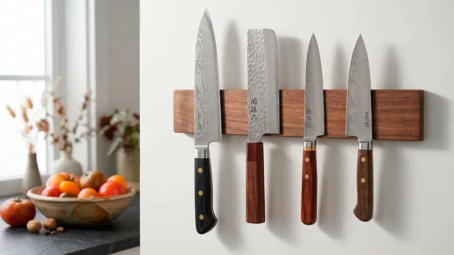 Barra magnética en una cocina con colores claros sosteniendo unos cuchillos