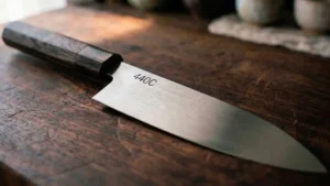 Cuchillo de acero 44C sobre una tabla de corte de madera