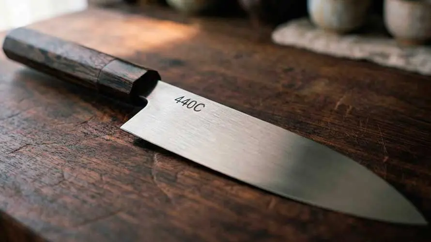Cuchillo de acero 44C sobre una tabla de corte de madera