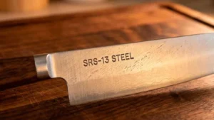 Cuchillo de acero SRS-13 sobre una tabla de corte