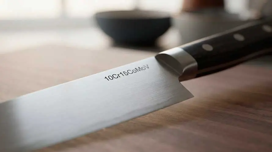 Cuchillo de acero 10Cr15CoMoV sobre una tabla de corte de madera