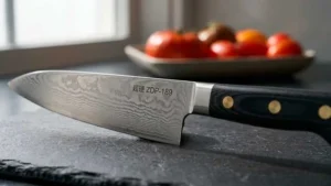 Cuchillo de acero ZDP-189 sobre una encimera de pizarra oscura