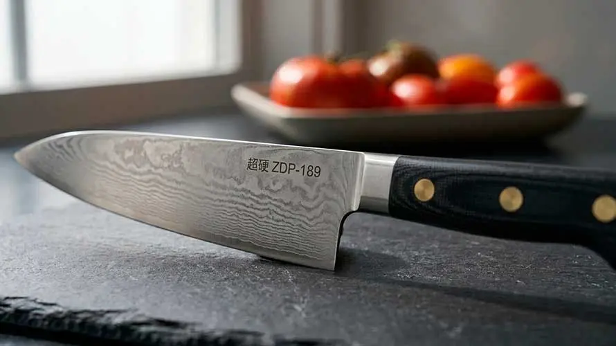 Cuchillo de acero ZDP-189 sobre una encimera de pizarra oscura