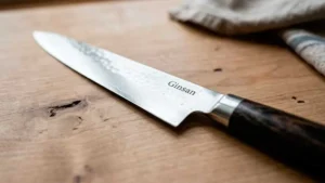 Cuchillo de acero Ginsan sobre mesa de madera