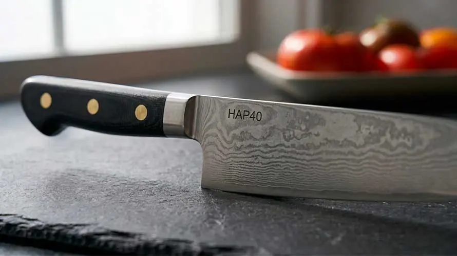 Cuchillo de acero HAP40 sobre una encimera de pizarra oscura