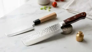 Cuchillos nakiri sobre encimera de mármol blanco