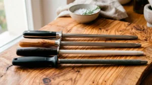 Chairas de cuatro tipos sobre una tabla de corte en una cocina