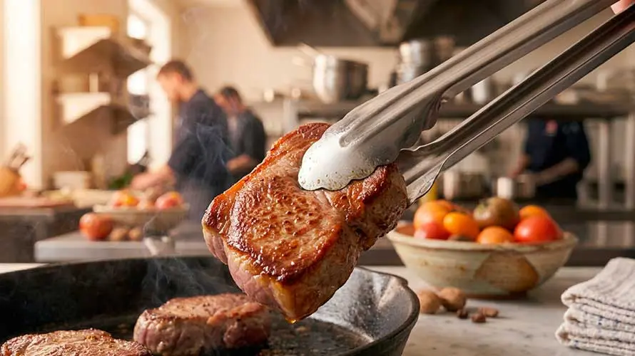 Pinzas de cocina sacando un steak bien hecho de una sartén en una cocina profesional