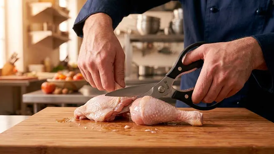 Tijeras de cocina troceando un pollo sobre una tabla de corte de madera