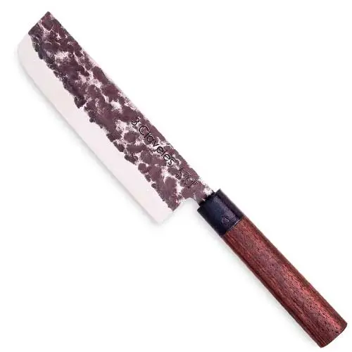 3 Claveles OSAKA Usuba 18 cm, acero inoxidable 5Cr15Mov forjado, 180 g, mango de granadillo encerado, 23€.
