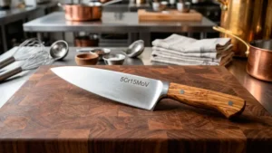 Cuchillo de acero 5Cr15MoV sobre una tabla de madera en una cocina