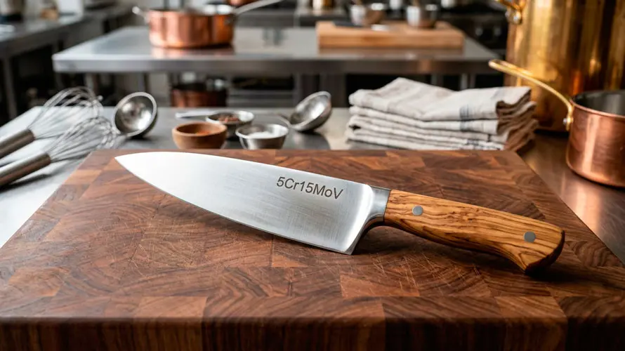 Cuchillo de acero 5Cr15MoV sobre una tabla de madera en una cocina