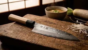 Cuchillo de acero Shirogami #1 sobre una tabla de corte de madera