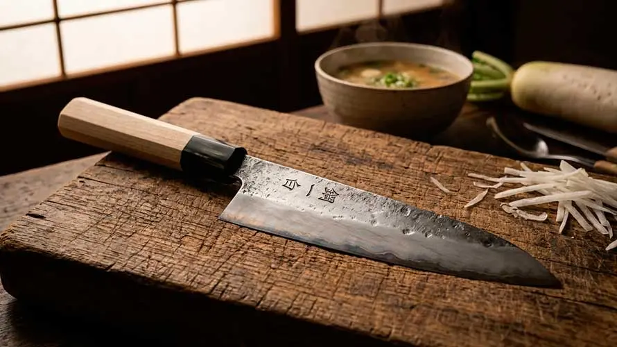Cuchillo de acero Shirogami #1 sobre una tabla de corte de madera