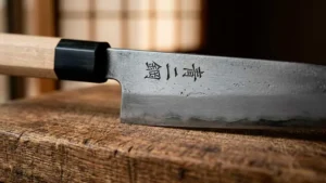 Cuchillo de acero Aogami #2 sobre tabla de corte de madera