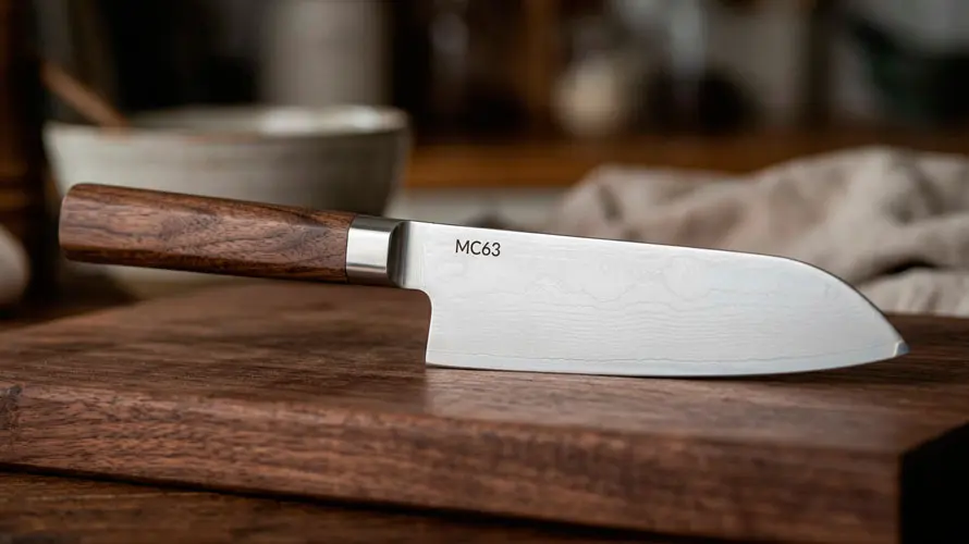 Cuchillo de acero MC63 sobre una tabla de corte de madera