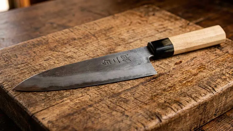 Cuchillo de Acero Shirogami #2 sobre una tabla usada de madera en una cocina japonesa