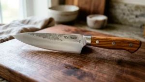 Cuchillo de acero 7Cr17MoV sobre una tabla de madera de corte