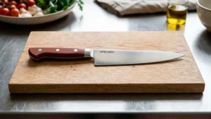 Cuchillo de acero CPM S90V Sobre una tabla de madera color claro en una cocina