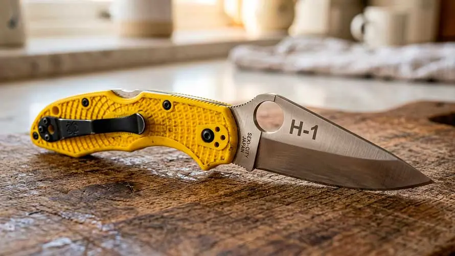 Navaja de acero H1 con mango vulcano amarillo sobre una tabla de madera