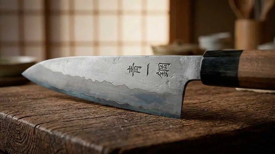 Cuchillo de acero Aogami 1 sobre tabla de madera en cocina japonesa