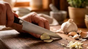 Cuchillo japonés petty cortando un ajo encima de una tabla de corte de madera