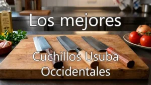 Cuchillos usuba sobre tabla de corte de madera en cocina española