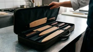 Maletín para cuchillos sobre la encimera de una cocina profesional