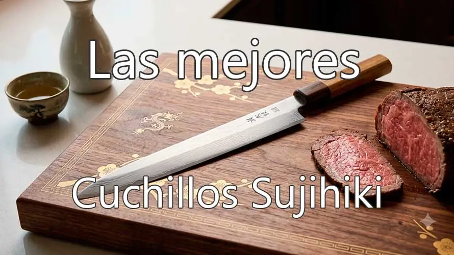 Cuchillo Sujihiki sobre tabla de madera