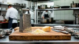 Rallador de cocina sobre una encimera de acero inoxidable
