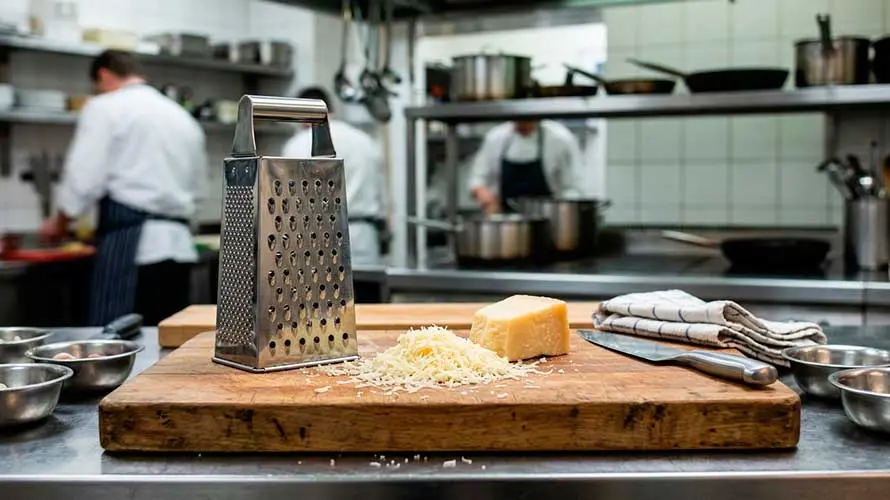 Rallador de cocina sobre una encimera de acero inoxidable