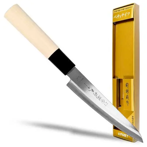Seki TSUBAZO Petty 120 mm, acero inoxidable al molibdeno genérico con 56-58 HRC, 80 g, mango Shiraki, precio en torno a 70 euros en España.