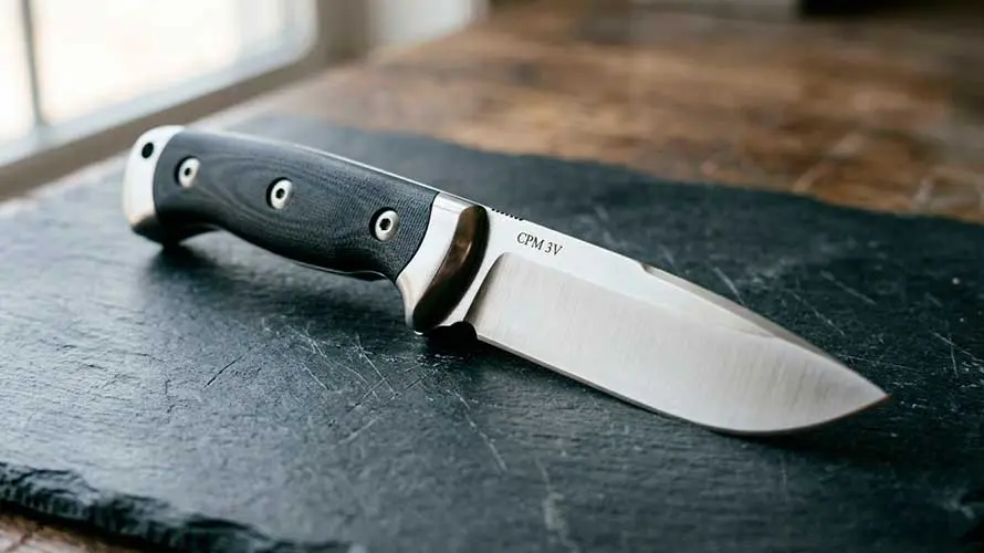 Cuchillo de acero CPM 3V sobre una pizarra color oscuro
