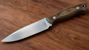 Cuchillo de acero CPM S60V sobre una mesa de madera de roble oscuro