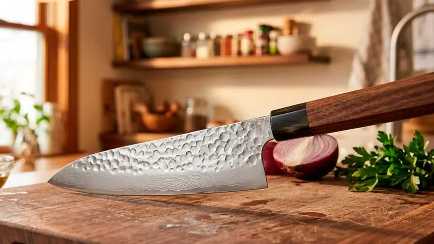 Cuchillo gyuto sobre una tabla de de corte de madera